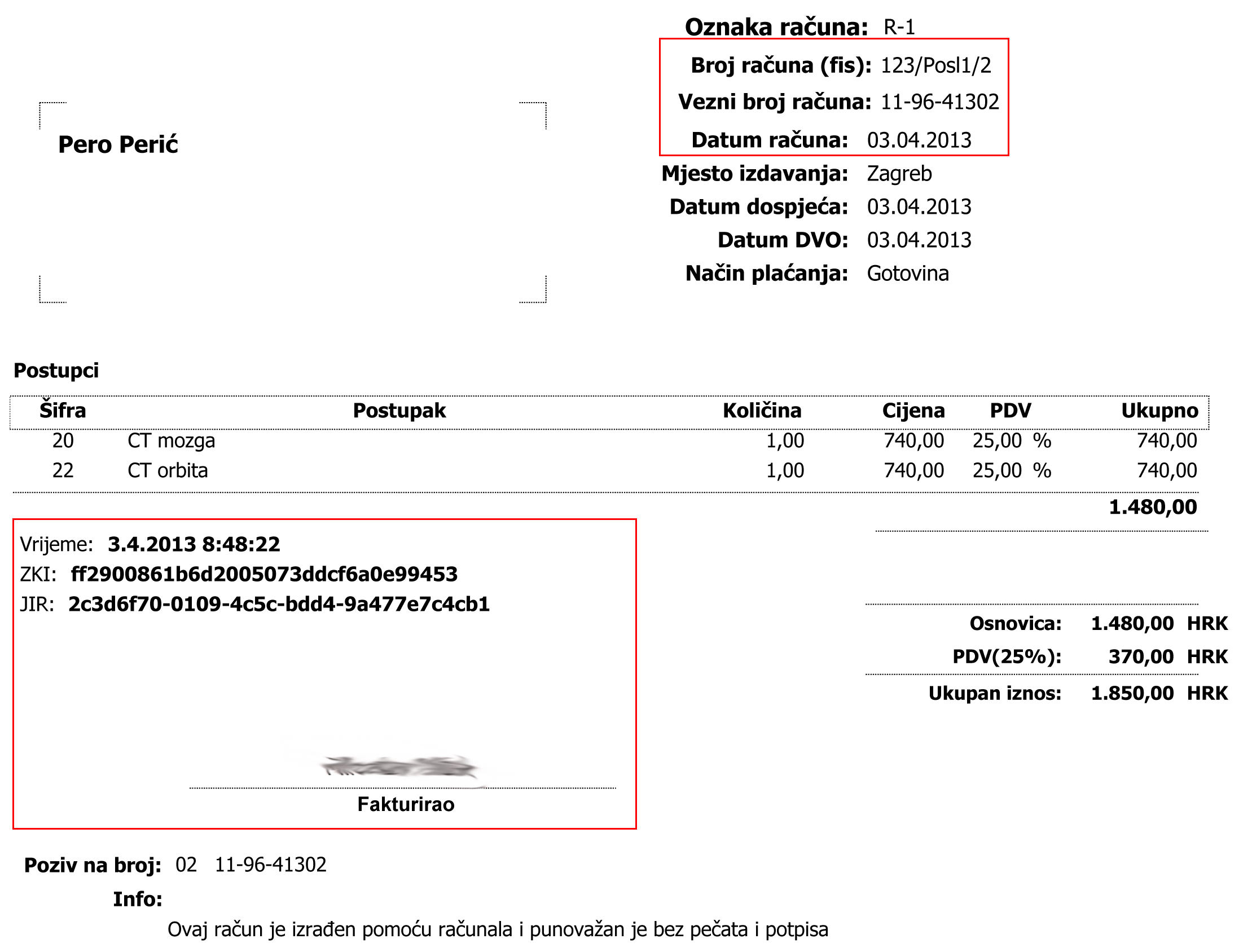 Izgled fiskaliziranog računa